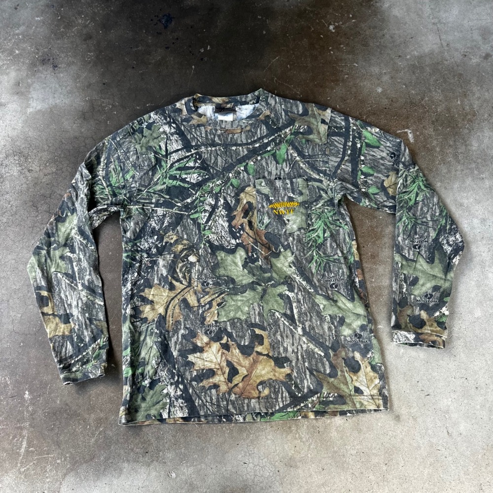 Jerzees T-Shirt Mens Large Camo Excellent NWTF Mossy Oak Long Sleeve Pocket Tee